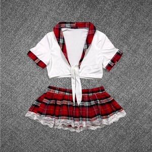 Red Plaid Schoolgirl Two Piece Outfit Lace Trim Skirt And Tie Front Crop Top Set
